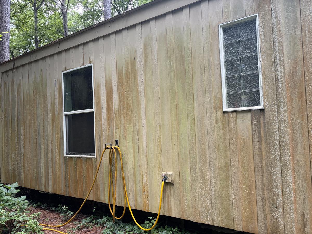 Algae and mildew growth across board-and-batten siding